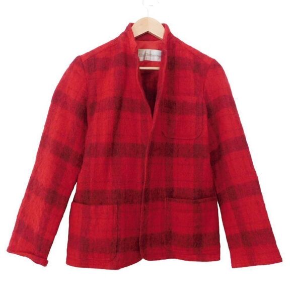 Vintage Womens Mohair Wool Jacket Liz Clairbone Size 6 Red Blazer Plaid - Picture 1 of 5
